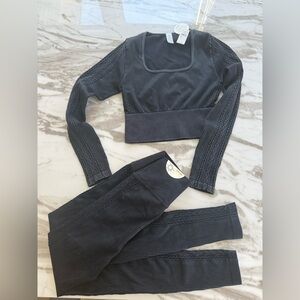 aerie Black Ribbed Long Sleeve Crop Top & Legging Set